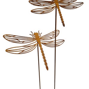 May include: Two rust-coloured metal dragonfly garden stakes. Each dragonfly features an open-work wing design with intricate vein patterns and a segmented tail. The insects are attached to thin, straight metal rods that extend downwards.