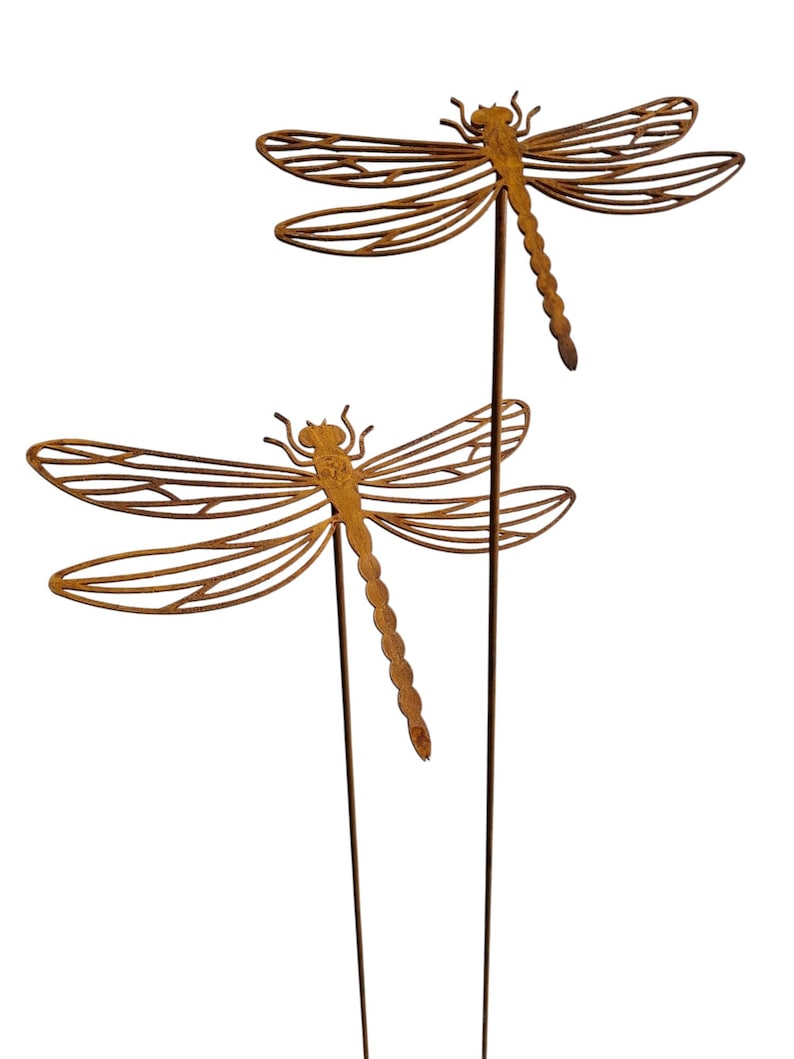 May include: Two rust-coloured metal dragonfly garden stakes. Each dragonfly features an open-work wing design with intricate vein patterns and a segmented tail. The insects are attached to thin, straight metal rods that extend downwards.