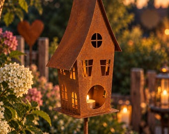 Rusty metal birdhouse on a stake – Metal birdhouse – Rusty garden decoration – Garden stake birdhouse – Garden decoration for patio & flowerbed