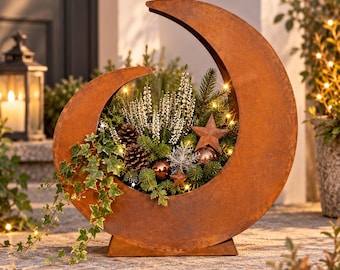 Rusty metal planter, crescent shape, 35 cm – Rusty decoration for garden & patio – Metal planter