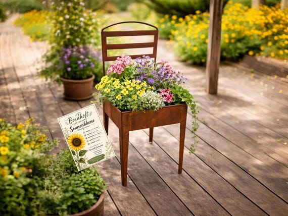 Pflanzstuhl Edelrost Gartendeko Metall Gartenstuhl Pflanzgefäß Geschenkset für Gartenliebhaber inkl exklusiver Sonnenblumen Samentüte