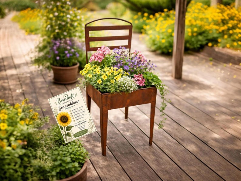 May include: A rust-colored metal chair planter filled with a variety of colorful flowers including yellow, pink, and purple blooms. A rectangular sign with the text Bornhoft Sonnenblume and a sunflower illustration is positioned in the foreground.