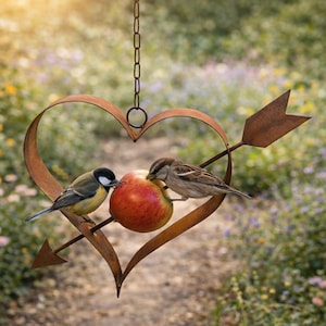 Vetbolhouder van verroest metaal, tuindecoratie, verroest metalen voederstation voor vogels, tuindecoratie, hart met pijl