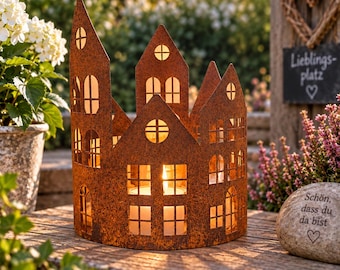 Rusty Metal House Lantern | Metal Lantern | Garden Decoration | 18 cm high | Ø 15 cm