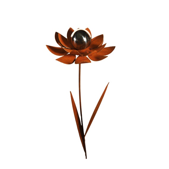 Piquet De Jardin Décoratif En Métal Rouillé 110 Cm Avec Boule En Acier Inox - Décoration Extérieure Style Vintage