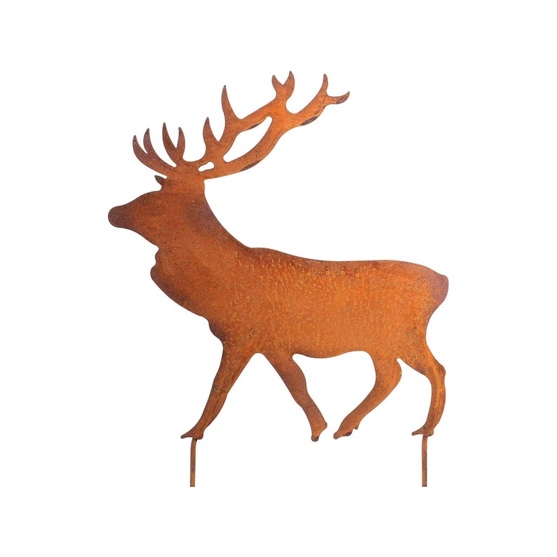 May include: A rusty metal silhouette of a deer with large antlers. The deer is standing on two legs and walking forward. The silhouette is a decorative piece for a garden or yard.