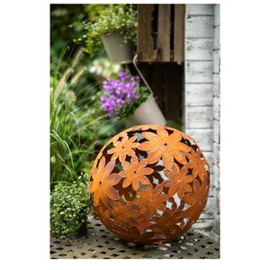 Piquet Déco Jardin En Métal Rouillé 110 Cm Avec Boule Inox - Décoration Extérieure Rustique - Idée Cadeau Pour Jardin, Terrasse, Allée