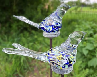 Tuinpalen, set van 2, glazen vogel, bloembedpalen, potpalen, metaal, roest, tuindecoratie, verweerd staal, glazen decoratie, XXL