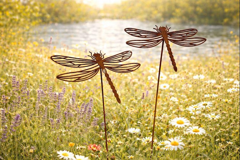 May include: Two brown metal dragonfly garden stakes featuring intricate cut-out wing patterns and segmented bodies. Each dragonfly is mounted on a thin, straight metal rod, designed to be inserted into the ground for outdoor display.