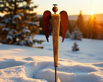 Corten steel angel with wooden body, 116 cm, stylish garden decoration, grave decoration, Christmas decoration, garden stake, corten steel garden decoration, garden rust decoration