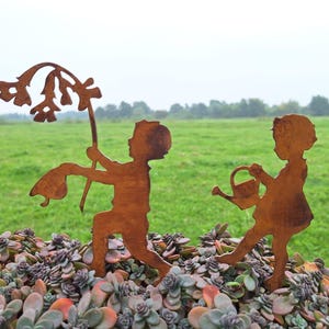 Garden stake set of 2 fairy boy and girl flower bed stake pot stake metal rust garden decoration rusty decoration