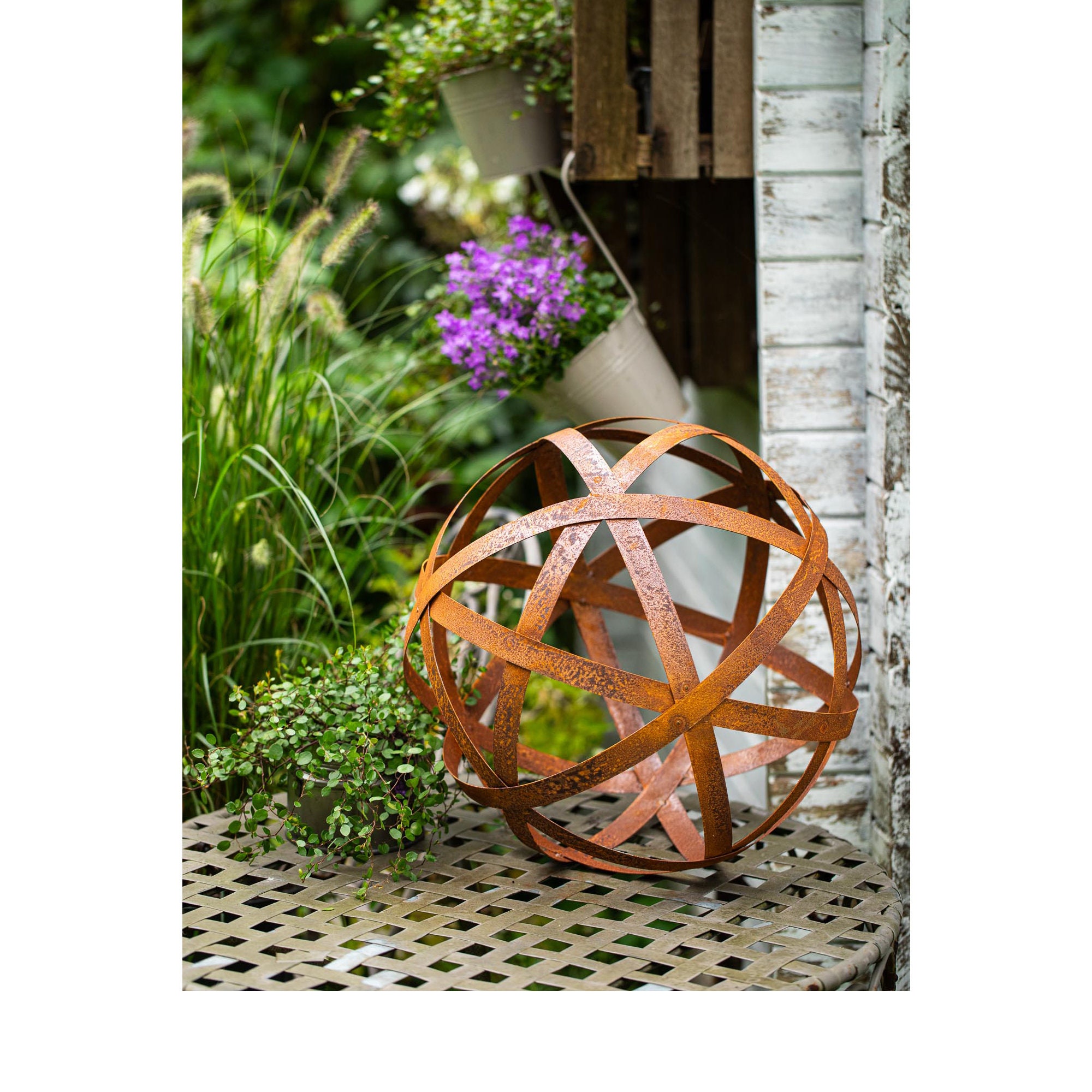 Boule deco jardin métal rouillé craquelé - sphère acier corten