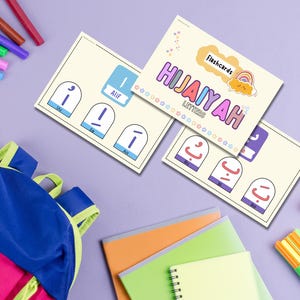 May include: Flashcards for learning the Hijaiyah alphabet, with the text "HIJAIYAH LETTERS". The cards are illustrated with colourful images. The image also shows a backpack, pens, and notebooks, suggesting a learning environment.