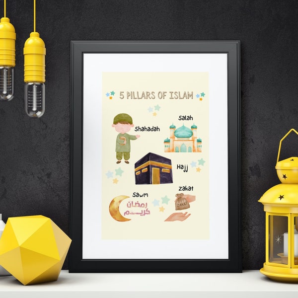 Printable Digital Download 5 Pillars Of Islam  Islamic Wall Art Kids Room & Nursery Frame Watercolor Digital Art