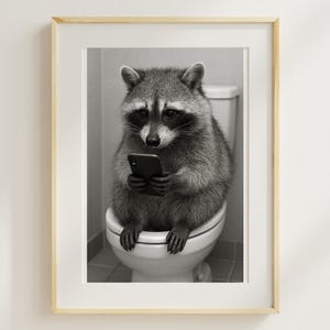 Funny Raccoon on Toilet with Phone Wall Art – Humorous Bathroom Decor – Digital PDF Printable Wall Poster A5 A4 A3 A2