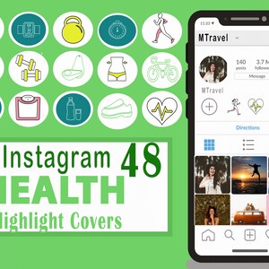 Gezondheid Instagram hoogtepuntcovers | gezondheidspictogrammen | 48 gezondheidsillustraties op 3 neutrale achtergronden| Sociale media-iconen.