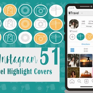 Instagram travel highlight covers | 51 travel illustrations on 3 colorful backgrounds for Instagram stories.