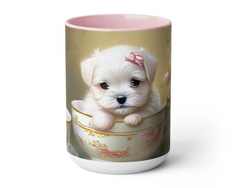 Storybook Teacup Maltese Puppy Fairytale Artwork on Two-Tone Coffee Mugs - Whimsical and Charming Ceramic Mugs.  Choose your color!
