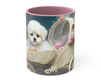 Storybook Maltese Puppy Fairytale Carriage Artwork on Two-Tone Coffee Mugs - Whimsical and Charming Ceramic Mugs. Choose your color! 11oz