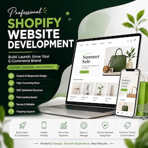 Peut inclure: Un ordinateur portable et un smartphone affichant un site e-commerce avec une bannière de soldes d'été, des sacs de courses verts et un chariot miniature. Le graphique inclut du texte promouvant des services de développement Shopify.