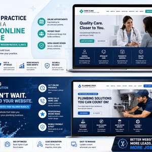 Könnte beinhalten: Eine digitale Marketing-Präsentation mit zwei Website-Design-Lösungen. Der obere Bereich zeigt eine medizinische Klinik-Website auf Laptop und Smartphone. Der untere Bereich zeigt eine Website für Klempnerdienste mit Wasser-Grafiken auf Laptop und Smartphone.