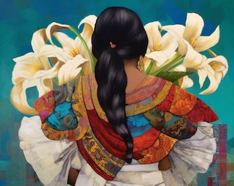 Puede incluir: Una mujer con el pelo largo y negro, vestida con una blusa de estampado colorido y una falda blanca, se encuentra de espaldas al espectador. Lleva un ramo de lirios blancos.