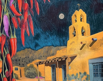 Santa Fe Adobe House Print: Southwest Oil Pastel Art by Evelyn Galindo