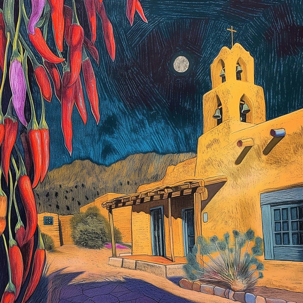 Santa Fe, New Mexico Southwest Adobe House Mixed Media 16 x 16 Print of Oil Pastel Painting by Evelyn Galindo