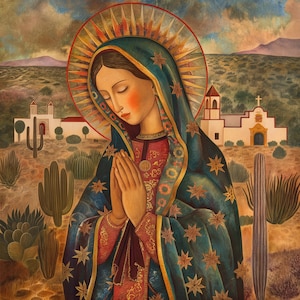 Santa Fe, Nouveau-Mexique, sud-ouest de la Vierge Marie, Vierge de Guadalupe, technique mixte, peinture pastel à l'huile par Evelyn Galindo