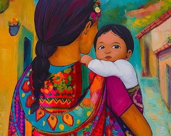 Stampa artistica di madre e bambino latinoamericano: Antigua Guatemala