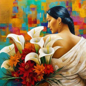 Galindo Calla Lily Flower Vendor Guatemala El Salvador Mexican Guatemalan Chicano Latin American Boho Diego Rivera Style Art Print 18 x 18
