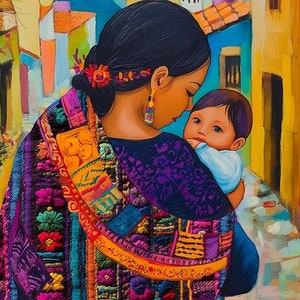 母子アンティグアプリント - ラテンアメリカメキシコアートプリント - 母性グアテマラエルサルバドルラティーナママウォールアート