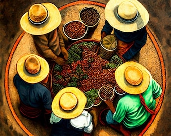 Cosecha de café 18&quot; x 18&quot; Coffee Harvest - Signed Print