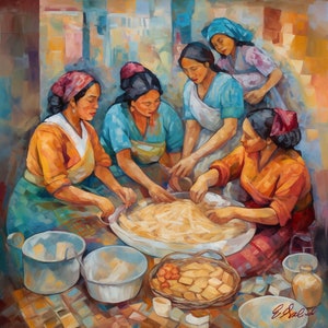 Women Cooking Artwork Square print Guatemala El Salvador Mexican Chicano Latin American Boho Diego Rivera Style Art Print Bestselling
