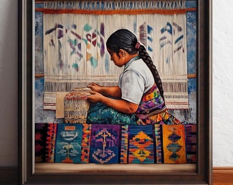 May include: A painting of a woman sitting in front of a loom, weaving a colorful tapestry. She is wearing a traditional dress with vibrant patterns. The loom is set up with white threads and the tapestry is in progress.