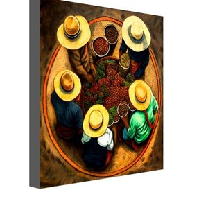 May include: A painting of six people wearing straw hats gathered around a large bowl of coffee beans. The people are wearing colorful clothing and are looking down at the beans. The painting is done in a realistic style and has a warm, inviting feel.