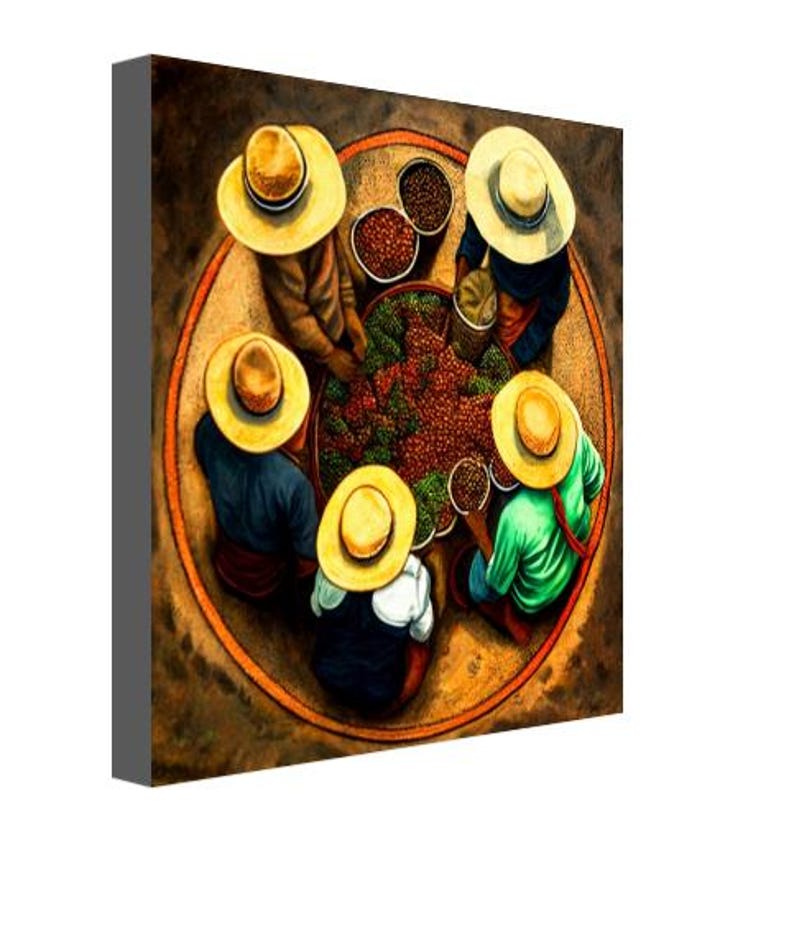 May include: A painting of six people wearing straw hats gathered around a large bowl of coffee beans. The people are wearing colorful clothing and are looking down at the beans. The painting is done in a realistic style and has a warm, inviting feel.