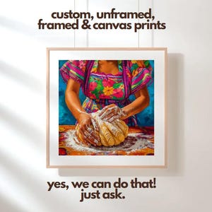 May include: A woman in a colorful floral embroidered blouse kneads a large ball of dough on a table covered in white flour. The background is a vibrant blue.