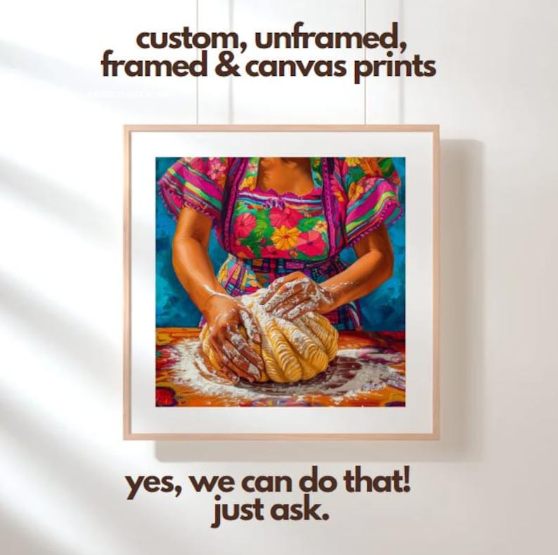 May include: A woman in a colorful floral embroidered blouse kneads a large ball of dough on a table covered in white flour. The background is a vibrant blue.