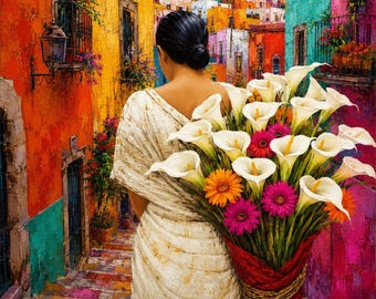 Mexican Street Scene Oaxaca Guanajuato Calla Lilies Calla Lily Vendor, Mexico Woman Painting