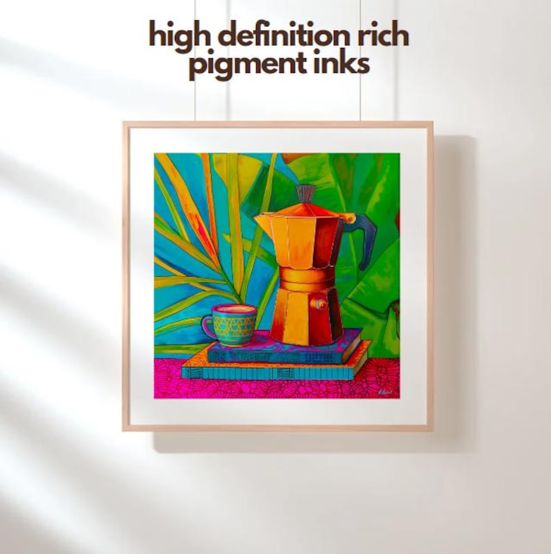 May include: A colorful painting of a coffee pot, a cup of coffee, and books. The coffee pot is gold and red, the cup is blue and green, and the books are blue and green. The background is a vibrant blue and green.