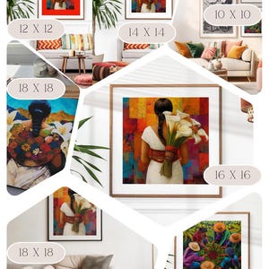 May include: A collection of framed art prints featuring colorful abstract paintings and a black and white photograph of two people. The prints are displayed on a white wall in a home interior setting.