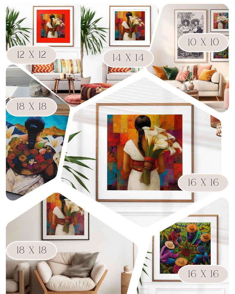 May include: A collection of framed art prints featuring colorful abstract paintings and a black and white photograph of two people. The prints are displayed on a white wall in a home interior setting.