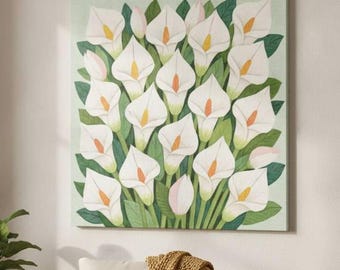 White Calla Lily Botanical Print, Modern Floral Wall Art, Oversized Square Canvas (Unframed)