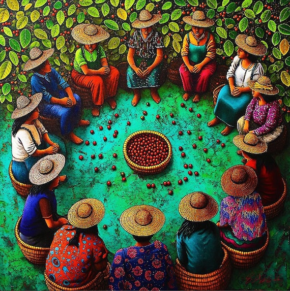 Coffee Harvest Print: Latin American Art, Mayan Ethnic Decor