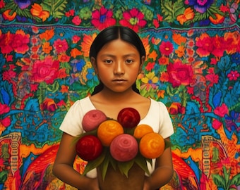 May include: A young person with dark hair holds a terracotta pot filled with colorful flowers. The pot is decorated with green leaves. The person is wearing a white shirt with a floral pattern background.