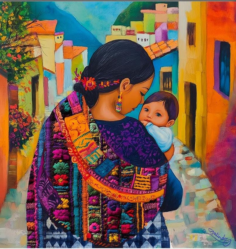 Mutter Kind Antigua Druck - Lateinamerikanischer mexikanischer Kunstdruck - Mutterschaft Guatemala El Salvador Lateinische Mamá Wandkunst