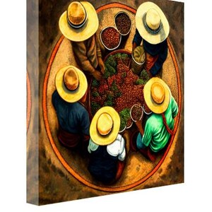 May include: A group of people wearing straw hats gather around a large bowl of coffee beans. The bowl is surrounded by smaller bowls filled with coffee beans. The people are wearing colorful clothing and are looking down at the bowl of coffee beans.