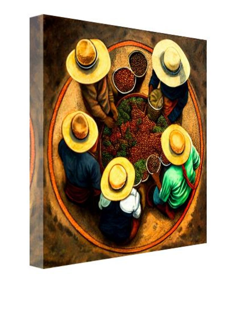 May include: A group of people wearing straw hats gather around a large bowl of coffee beans. The bowl is surrounded by smaller bowls filled with coffee beans. The people are wearing colorful clothing and are looking down at the bowl of coffee beans.