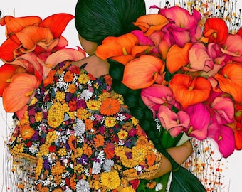 Mexican Folk Art Woman Portrait, Floral Print, Braided Woman, Maximalist Wall Decor